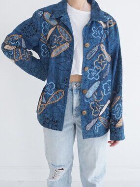 Vintage Coldwater Creek Blue Dragonfly Floral Button Cotton Quilt Jacket L